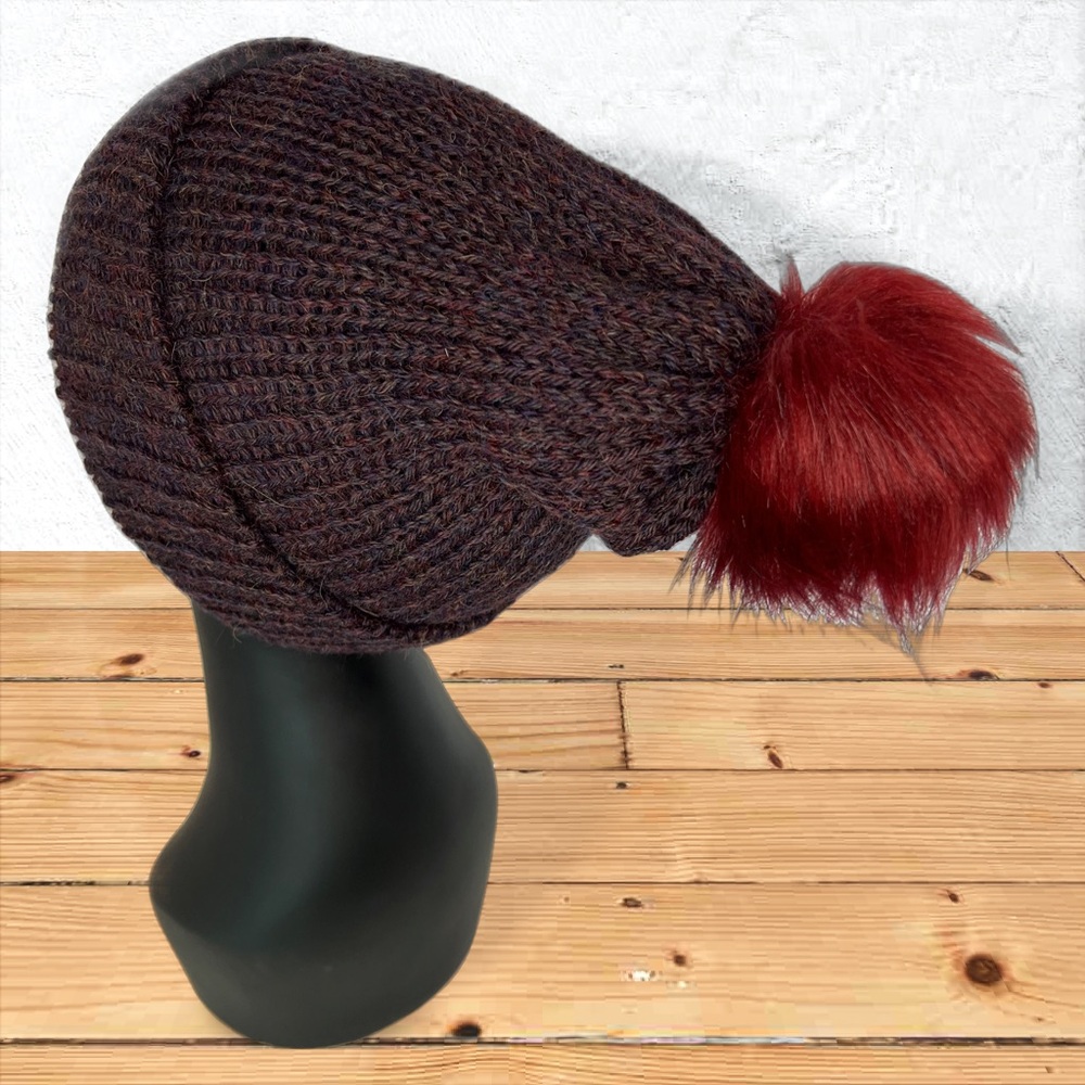 Handmade 100% Alpaca Knit Slouch Hat Beanie Borealis Blue Faux Rabbit Pom Pom - Picture 7 of 11